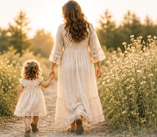 A mother and child walking together through a glowing field